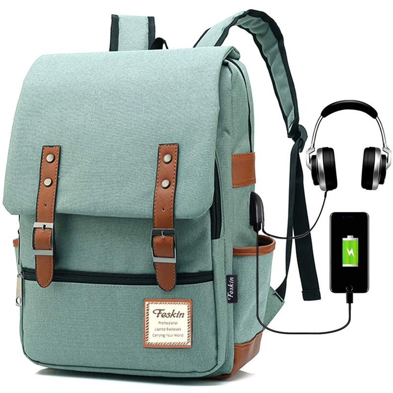 Feskin Vintage Laptop Backpack for Women Men, School College Backpack with USB Charging Port & Headphone Jack, Fashion Backpack Fits 15.6 inch Notebook - Green-Function Update - Image 1
